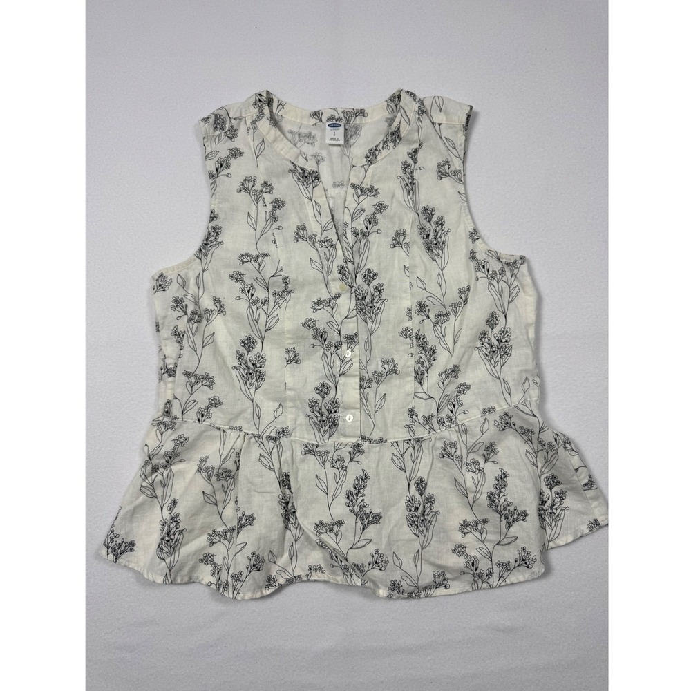 Cottagecore Old Navy Floral Linen Blend Peplum Blouse Womens Small White‎ Black